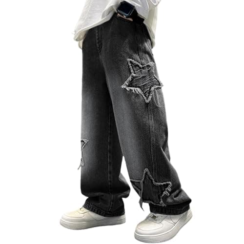 Image of Rolanko Boys Baggy Jeans Elasticated Waist Cargo Wide Leg Skater Jeans with Multipockets Vintage Streetwear Denim Pants for Kids, Black Star Patch, 160, 11-12 Years