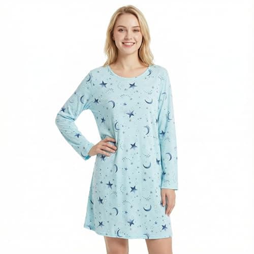 Image of CHUNG Women Nightdress Ladies Nightie Long Sleeve Crew Neck Cotton Sleepwear Cute Pattern Print Loungwear Spring Summer Blue Star M