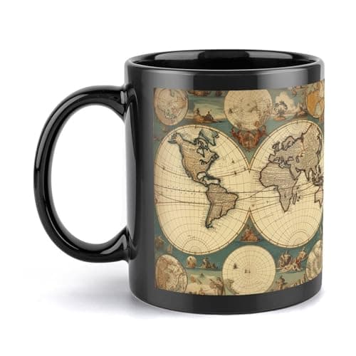 Image of Ouyniei - World Map Personalized Ceramic Retro Mug, Travel Tea Cups, Large Handle Design, Office and Home Daily Use, 11oz/330ml (Black)