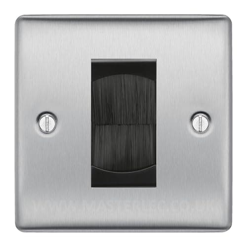 Image of BG Brushed Steel Single 1 Gang Brush Cable Entry Wall Plate Black Insert Square