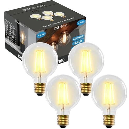 Image of DSLebeen E27 LED Light Bulbs, G80 Edison Screw Bulb 800lm 6W Decorative Vintage Filament Lighting Clear Globe Glass CRI 90+ Warm White 2700K Non-Dimmable 4 Pack
