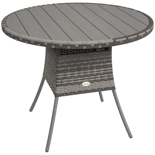 Image of Outsunny 90 cm Outdoor Dining Table, PE Rattan Patio Table with Wood-plastic Composite Top for Balcony, Garden, Grey