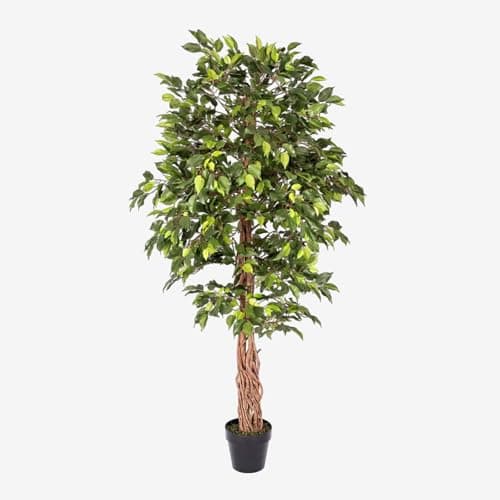 Image of HOMESCAPES 6ft Artificial Ficus Tree – Tall Artificial Plant Indoor with Real Wood Trunk & Lifelike Green Leaves Decorative Faux, Fake Plant with Pot for Home, Office, Living Room