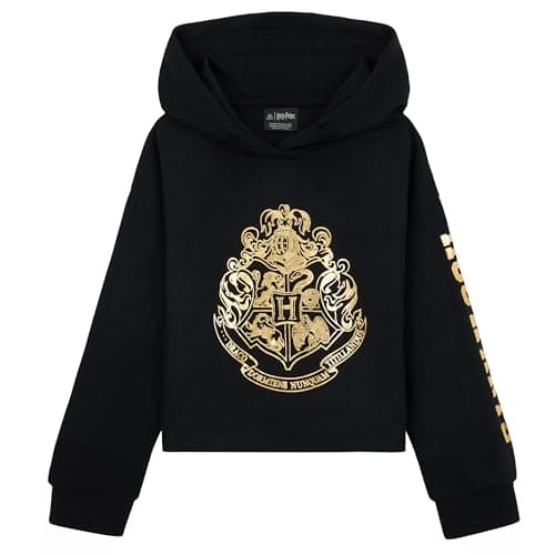 Image of Harry Potter Girls Hoodie, Soft Cosy Hogwarts Hooded Sweatshirt - Gifts for Girls (Black/Gold Cropped, 11-12 Years)