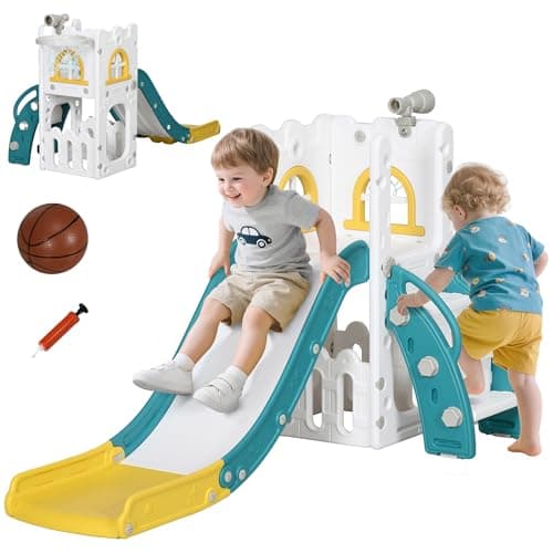 Image of AIYAPLAY Kids Slide, 5 in 1 Toddler Slide with Basketball Hoop, Climber, Telescope, Storage Basket, Indoor Playset for 1-3 Years, Yellow