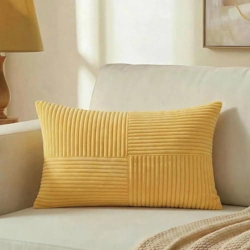 Image of FDTERN Yellow Lumbar Decorative Throw Pillow Covers 12x20 Inch for Living Room Couch Bed Sofa, Farmhouse Boho Home Decor, Soft Striped Corduroy Rectangle Accent Cushion Case 30x50 cm