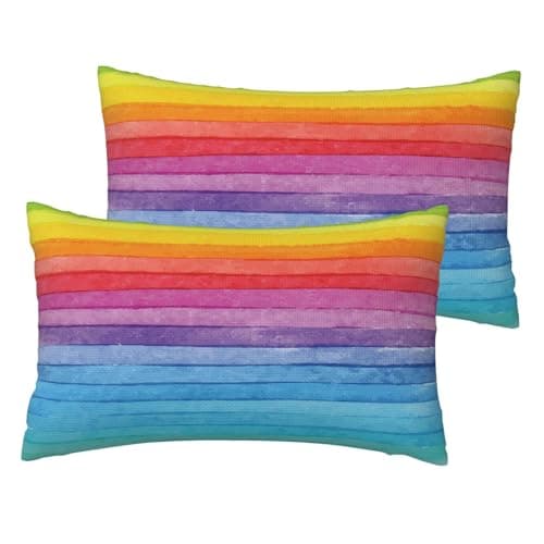 Image of VIREOTHIA Rainbow Lumbar Pillow Covers 12x20 Set of 2 Watercolor Rainbow Striped Decorative Throw Pillow Cover Art Pattern Rectangle Pillowcases Cushion Covers for Couch Bed Sofa Decor