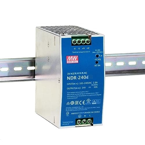 Image of MEAN WELL NDR 240W 24V 10A Switching Power Supply, AC Single Output Industrial DIN Rail NDR-240-24 Power Supply Driver Transformer, Adjustable Output, Slim Metal Case
