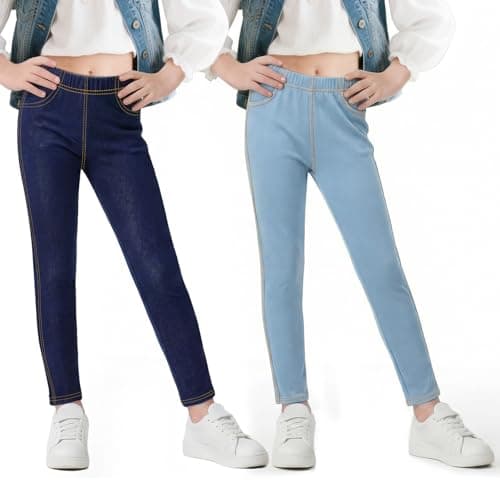 Image of Baogaier Girls Jeggings Skinny Jeans-Look Leggings, 2 Pack, Breathable Soft Slim Fit Trousers High Waist Denim Looks Pants School Casual Wear Kids Clothes for 12-13 Years, Light Blue & Navy