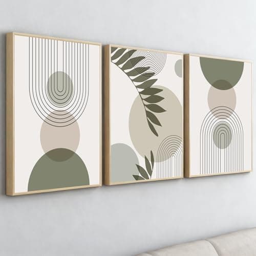 Image of PWAAHDC Sage Green Framed Canvas Wall Art Set of 3 - Large Boho Abstract Prints for Hallway, Stairs, Bedroom, and Living Room Walls - 12"x16" (30x40cm)