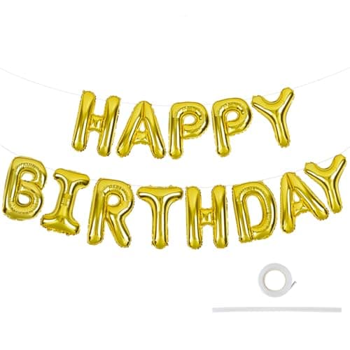 Image of Gold Happy Birthday Balloons Banner with Ribbon Straw, 16 Inch Mylar Foil Letters Birthday Bunting Sign Banner Balloon Reusable for Birthday Party Supplies