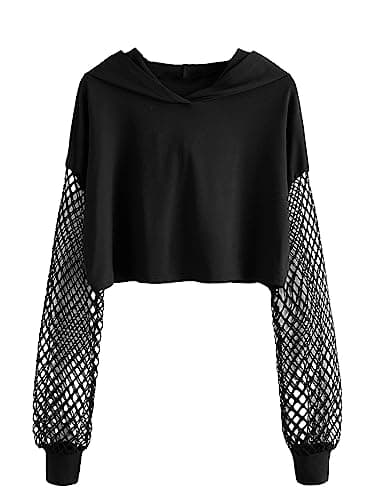 Image of GORGLITTER Women's Fishnet Mesh Hoodie Y2K Crop Tops Long Sleeve Hooded Sweatshirt Pullover Top Black L