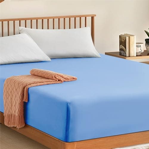 Image of My home store Fitted Sheet 100% Egyptian Cotton 300TC Hotel Quantity 30 cm Fitted Bedsheets (Light Blue, Double)