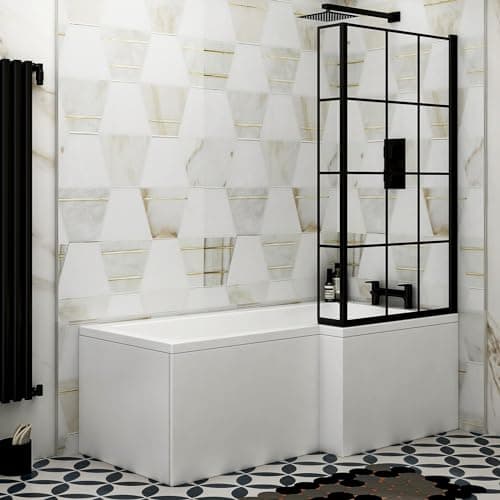 Image of Qubix 1500 x 850mm Right Hand L-Shaped Shower Bath Bathtub with Black Framed Screen