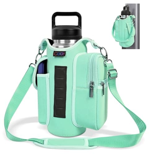 Image of icolor Gym Magnetic Bag Water Bottle Carrier Holder with Strap & Phone Pockets, Diameter 3.9" Magnetic Gym Bag 5 Built-in Magnets Gym Accessories Organizer Pouch Sling Sleeve (Neoprene, Green)