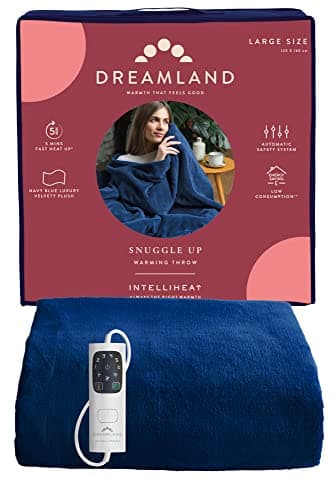 Image of Dreamland Snuggle Up Electric Throw – Navy Blue, 5 Minute Fast Heat Up, Luxury Velvet Plush, 1 Control, 6 Temperature Settings with Timer, Machine Washable and Tumble Dry Safe, 160x120cm
