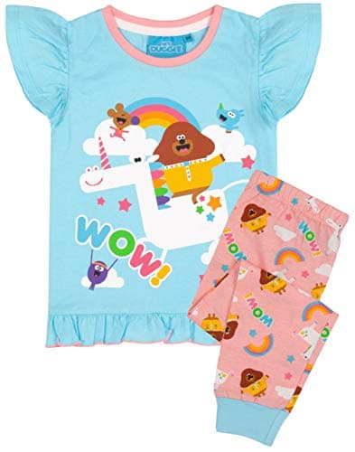 Image of Hey Duggee Cbeebies Pyjamas For Girls | Blue Pink Unicorn Characters PJs With Long Or Short Bottoms | Childrens Frill T-Shirt & Trousers Merchandise