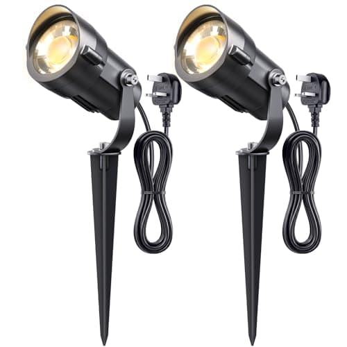 Image of HIBOITEC 2Pcs 7W Garden Lights with 1.5M Cord, 600LM Plug & Shine Outdoor Lights Mains Powered, 2700K Warm White, IP65 Waterproof Garden Spotlight, Plug-in LED Spike Lighting for Yard Patio Driveway