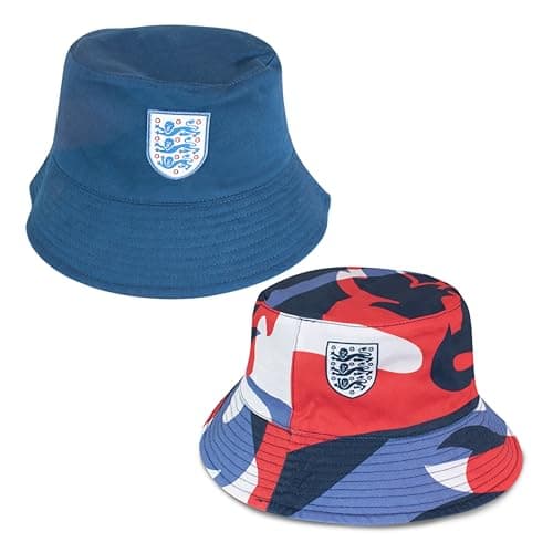 Image of Hy-Pro Officially Licensed England FA Bucket Hat - Reversible, Blue, Classic Style, Double Sided with Solid or Print, Three Lions Crest, Festival, Holiday, Sun Hat, Unisex, Adult