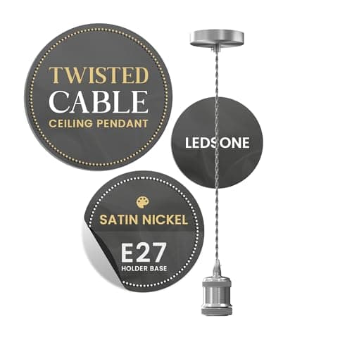 Image of LEDSone Vintage Satin Nickel E27 Pendant Light Fitting – Twisted Braided Cable Ceiling Lamp Holder Kit for Indoor Hanging Lighting in Kitchen, Dining Room, Bar, Cafe, Loft