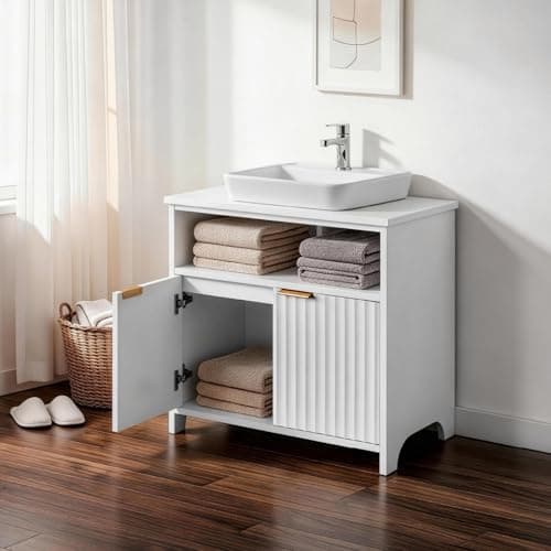 Image of Bonnlo White Under Sink Bathroom Cabinet - 60cm Bathroom Sink Cabinet with Grille Doors & Shelf, Under Sink Storage Unit for Bathroom