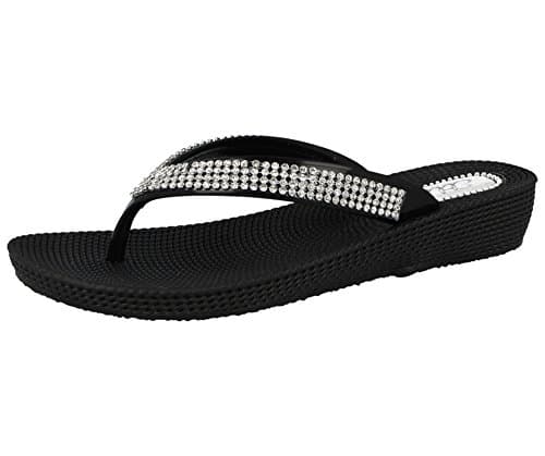 Image of ella Ladies S1 Diamante Toe Post Flat Low Wedge Jelly Flip Flop Summer Sandals Size 3-8 (UK 8, Black)
