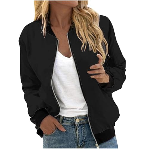 Image of TURWXGSO Bomber Jacket Women Lightweight Flight Jackets Long Sleeve Zip Up Baseball Coat Windbreaker Coats Casual Solid Quilted Coat with Pockets Outdoor Outerwear Plus Size UK 8-22