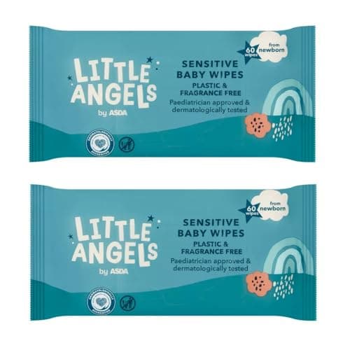 Image of 2X ASDA Little Angels Plastic Free Fragrance Free Sensitive Wipes 60 Pack