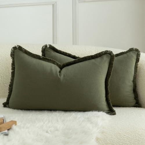 Image of Mandioo Set of 2 Neutral Cotton Fringe Cushion Covers 30x50 cm 12x20 inch Decorative Boho Farmhouse Throw Pillowcase Cozy Tassels for Couch Sofa Bedroom Living Room Home Decor Olive Green