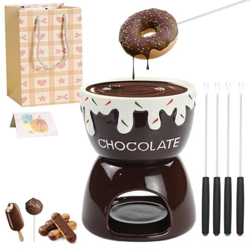 Image of Cheese Chocolate Fondue Set, 17oz Ceramic Chocolate Melting Pot with 4 Stainless Steel Forks, Multi-Purpose Cheese Fondue Pot for Dessert Making, Creative Gift for Kids-Brown