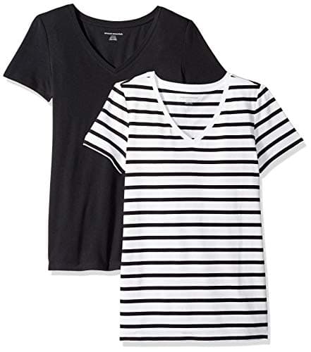 Image of Amazon Essentials Women's Regular-Fit Short-Sleeve T-Shirt (Crewneck and V-Neck Options), Pack of 2, Black/White Stripes, XL