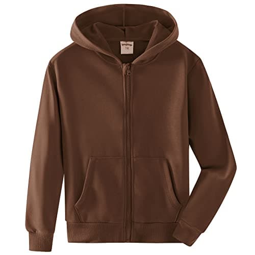 Image of Spring&Gege Youth Solid Full Zipper Hoodies Soft Kids Hooded Sweatshirt for Boys and Girls, Brown, Size 13-14 Years