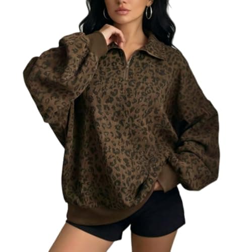 Image of Women Cheetah Sweatshirt Quarter Zip Pullover Top, Long Sleeve Oversized Pullover, Leopard Sweatshirt (brown,L)