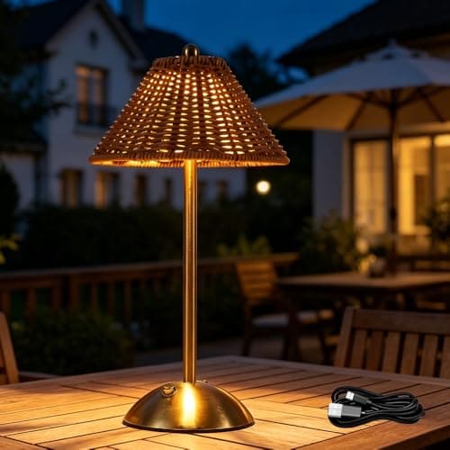 Image of YOFHPT Cordless Table Lamp Boho Rattan, 30cm Rattan Table Lamp, Wicker Lam-p, Boho Desk Lam-p with 3 Color Dimmable & 1M USB-C Cable for Living Room, Bedroom, Office, Home Decor