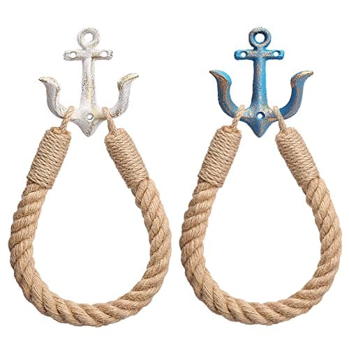 Image of Nautical Toilet Paper Holder Rustic-Industrial Wall-Mounted Nautical Toilet Paper Towel Ring with Metal Hook for Bathroom Decor(Blue+White)