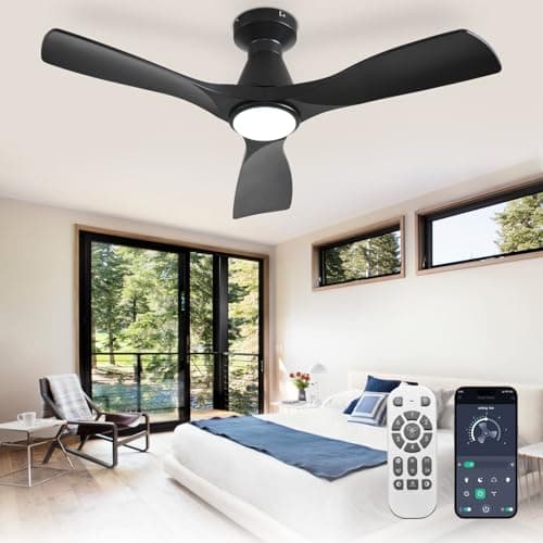 Image of Depuley 42-Inch Ceiling Fans with Lights: Black 3 Blade Flush Mount Low Profile Ceiling Fan for Bedroom - Dimmable Outdoor Quiet DC Motor Fan with Remote APP Control Timer
