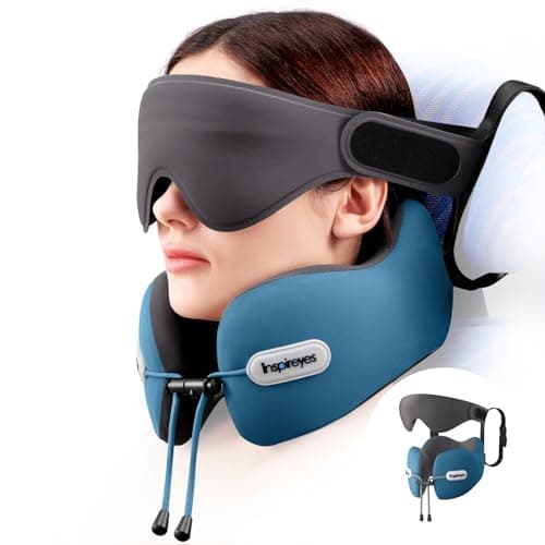 Image of Inspireyes Neck Pillow, Travel Pillow with Seat Strap, 3D Sleep Mask, Dual Support Neck and Head, High Supportive Foam Airplane Pillow for Long Flight, Stop Bobblehead Travel Essential, Lake Blue