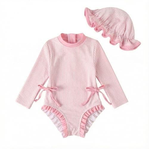 Image of DivingBirds Baby Girls Long Sleeve Swimming Costume, Toddler Girls Swimsuit with Hat Snap and Zipper Pink for 12-18 Months