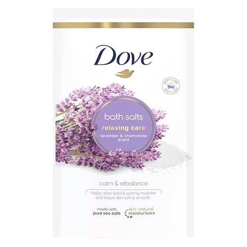 Image of Dove Relaxing Care Lavender & Chamomile Bath Salts with skin-natural moisturisers to relax your mind & body, leaving your skin smooth & soft 900 g