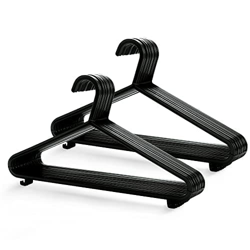 Image of KEPLIN Adult Plastic Coat Hangers - 25 Pack, Strong Clothes Hangers for Clothes Rail & Closet, Clothing Hanger with Suit Pants Trouser Bar and Clips, Space Saving, 37.5 cm Wide (Black (Gloss)