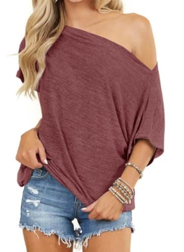 Image of LACOZY Womens Summer Off Shoulder Tops Casual Loose Short Sleeve T Shirts One Shoulder Tops Trendy Sexy Cute Tunic Tee Red L