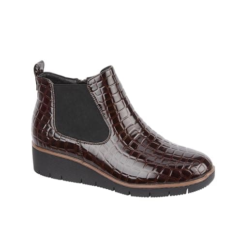 Image of Jo & Joe Ladies Croc Patent Chelsea Wedge Ankle Boot With Side Gusset, Inside Zip For Ease Of Wear & Warm Fur Lining. Sizes 4-8 (Dark Brown, UK Footwear Size System, Adult, Women, Numeric, Medium, 7)