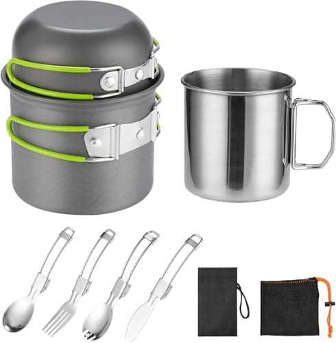 Image of Camping Cookware Mess Kit for 1 People,ISFORU Camping Non-stick Cooking Set include Backpack Pot and Pan Set with 304 Stainless Steel Cup and Utensil Set for Traveling Trekking and Hiking