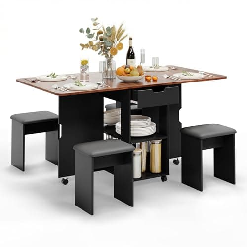 Image of Mondeer Folding Dining Table and Chairs Set 4, 140 x 80 cm Drop Leaf Table with 2 Drawers and Storage Shelves, Foldable Table with 4 Cushioned Stools, for Kitchen Dining Room Living Room