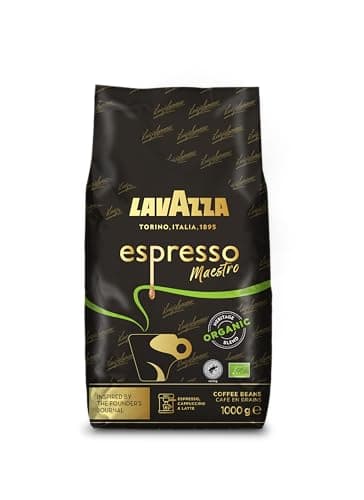 Image of Lavazza, Espresso Maestro, Coffee Beans, Ideal for Espresso Machines, Balanced & Aromatic Taste, Intensity 9/10, Dried Fruit & Chocolate Notes, 100% Organic Arabica & Robusta, Slow & Gentle Roast, 1Kg