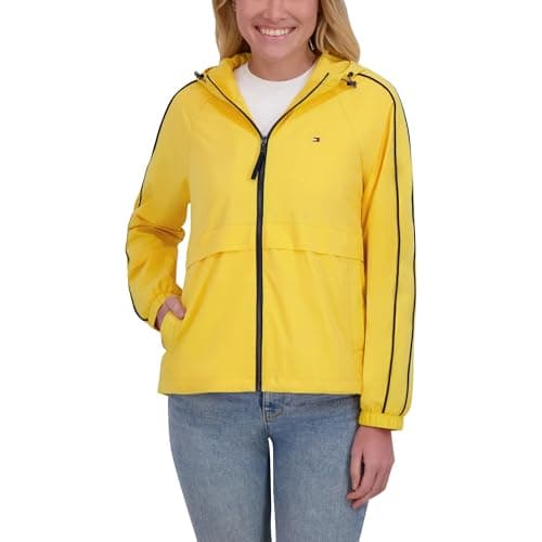 Image of Tommy Hilfiger Women’s Windbreaker Jacket, Lightweight Hooded (Yellow, Large)
