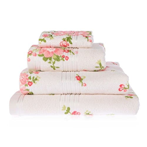 Image of HOMESCAPES 100% Portuguese Cotton Cream Bath Towels Set Pink, Coral and Green Floral Pattern