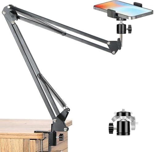 Image of YIYANT Overhead Tripod Mount for Camera Webcam Ring Light, Flexible Over Head Articulating Arm with Phone Holder and Ball Head, Desktop Suspension Scissor Accessory for Live Streaming,Video Recording