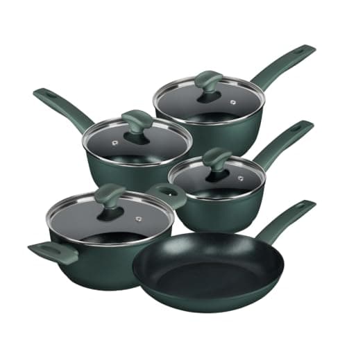 Image of Prestige Earth Friendly Non-Stick Induction Cookware Set – 5-Piece, 24cm Frying Pan, 3 Piece Saucepan Set & Stockpot, Non-Toxic, Plant Based Coating, Made in Italy, Green
