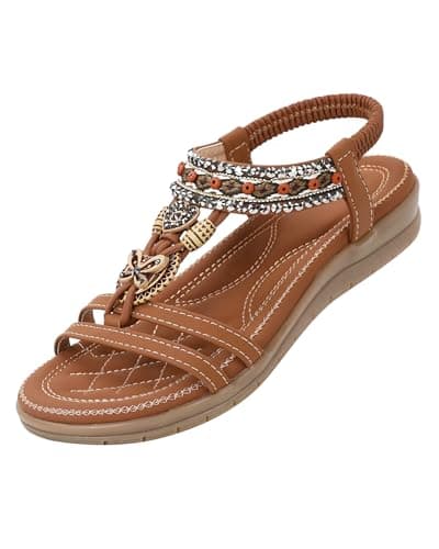 Image of SOLOYEE Sandals for Women Summer Bohemian Casual Shoes Ladies Faux Leather Open Toe Flat Sandal with Sparkling Flower-Shaped Rhinestone Brown, 6 UK